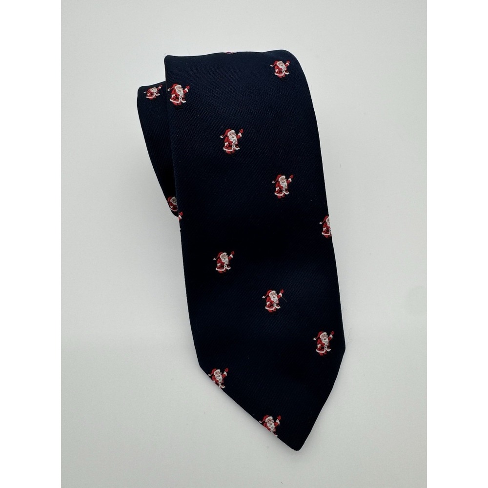Renleigh Christmas Santa Tie Navy Blue Silk Blend Novelty Holiday Tie Classic